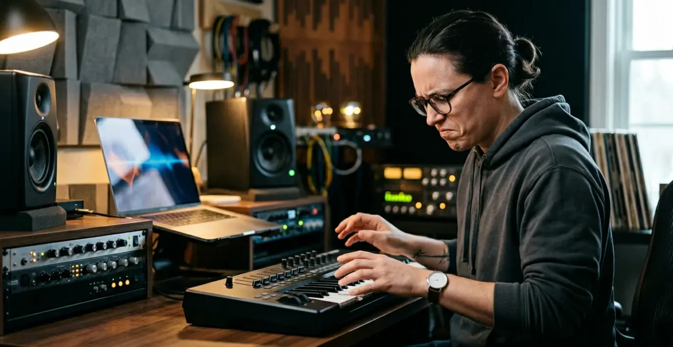 Music producer working intensely at studio desk surrounded by professional equipment yet appearing frustrated