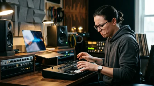 Music producer working intensely at studio desk surrounded by professional equipment yet appearing frustrated