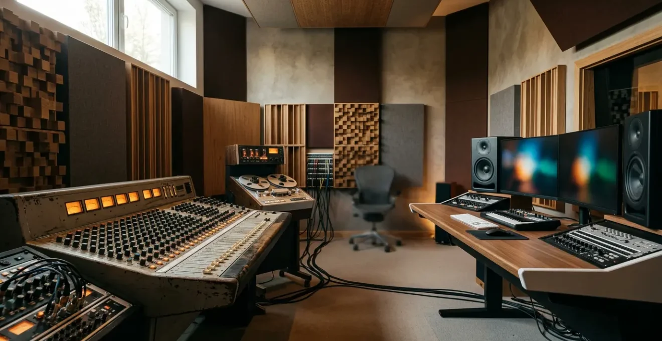 Professional recording studio setup showcasing high-end analog equipment alongside modern digital workstations in warm ambient lighting