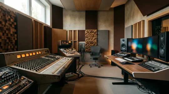 Professional recording studio setup showcasing high-end analog equipment alongside modern digital workstations in warm ambient lighting