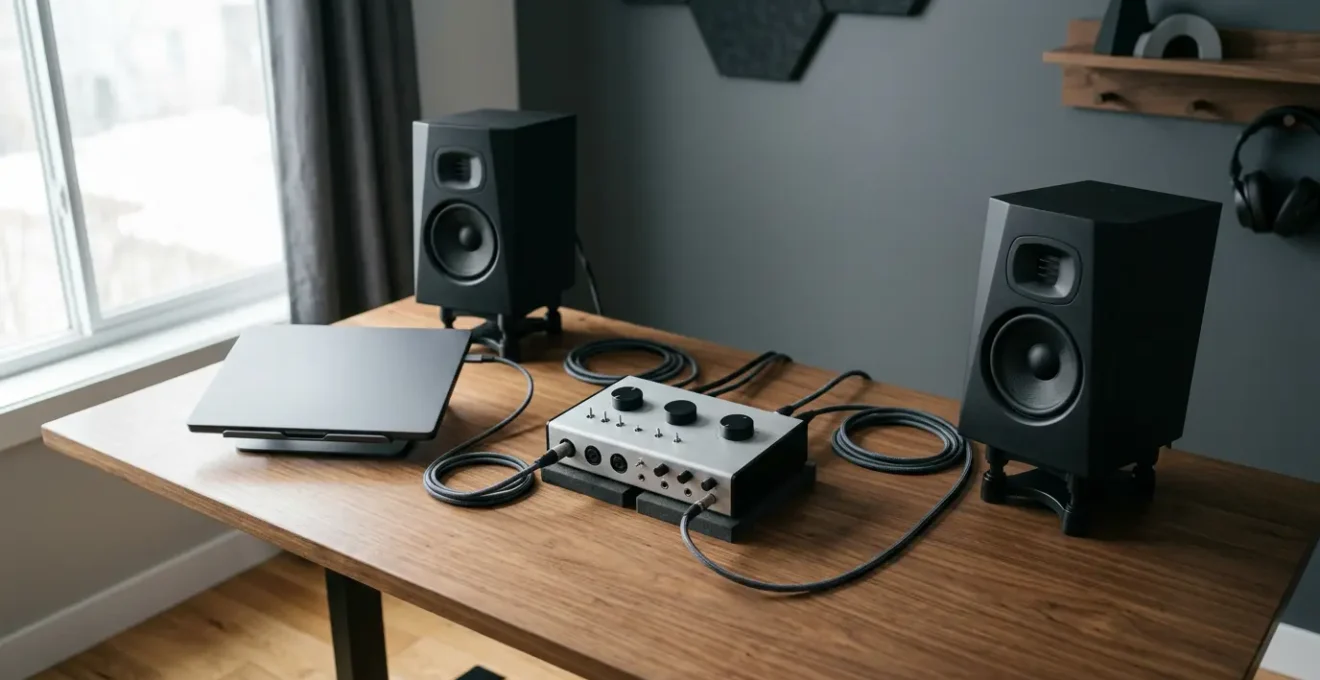 Professional home recording studio setup showing audio interface connection workflow