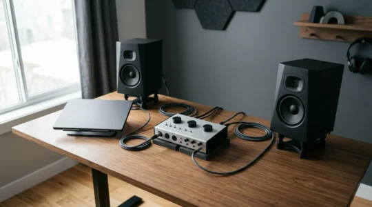 Professional home recording studio setup showing audio interface connection workflow