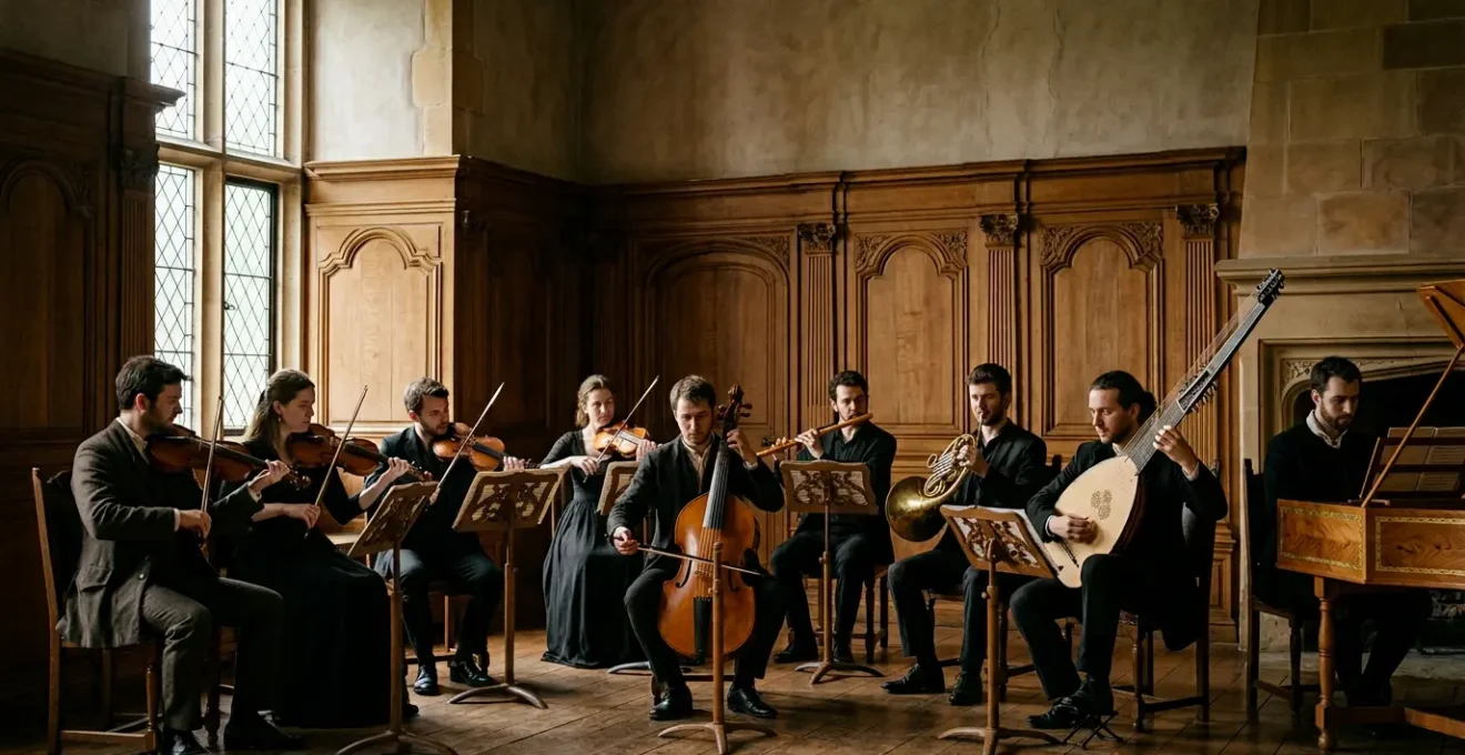 Period Baroque orchestra with gut string instruments in intimate historical setting