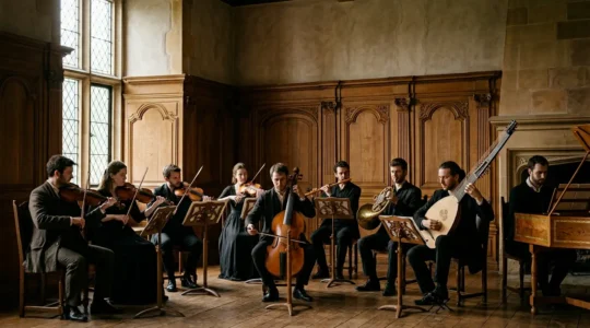 Period Baroque orchestra with gut string instruments in intimate historical setting