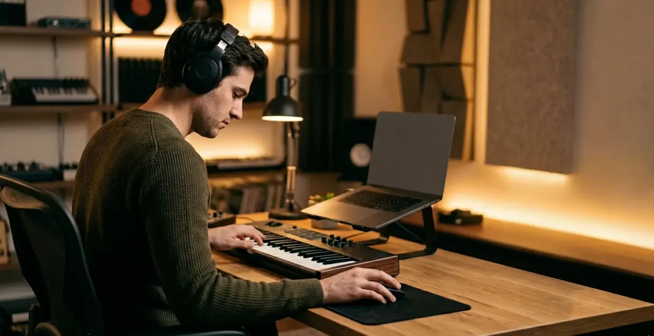 Professional music producer working efficiently in modern home studio with DAW interface