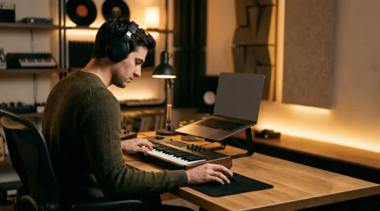 Professional music producer working efficiently in modern home studio with DAW interface