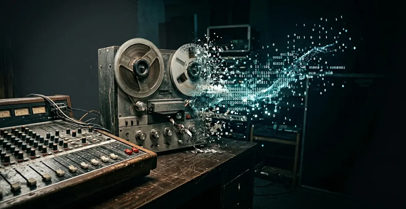 A haunting scene depicting the fragility of digital music preservation and file format obsolescence