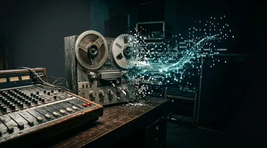 A haunting scene depicting the fragility of digital music preservation and file format obsolescence