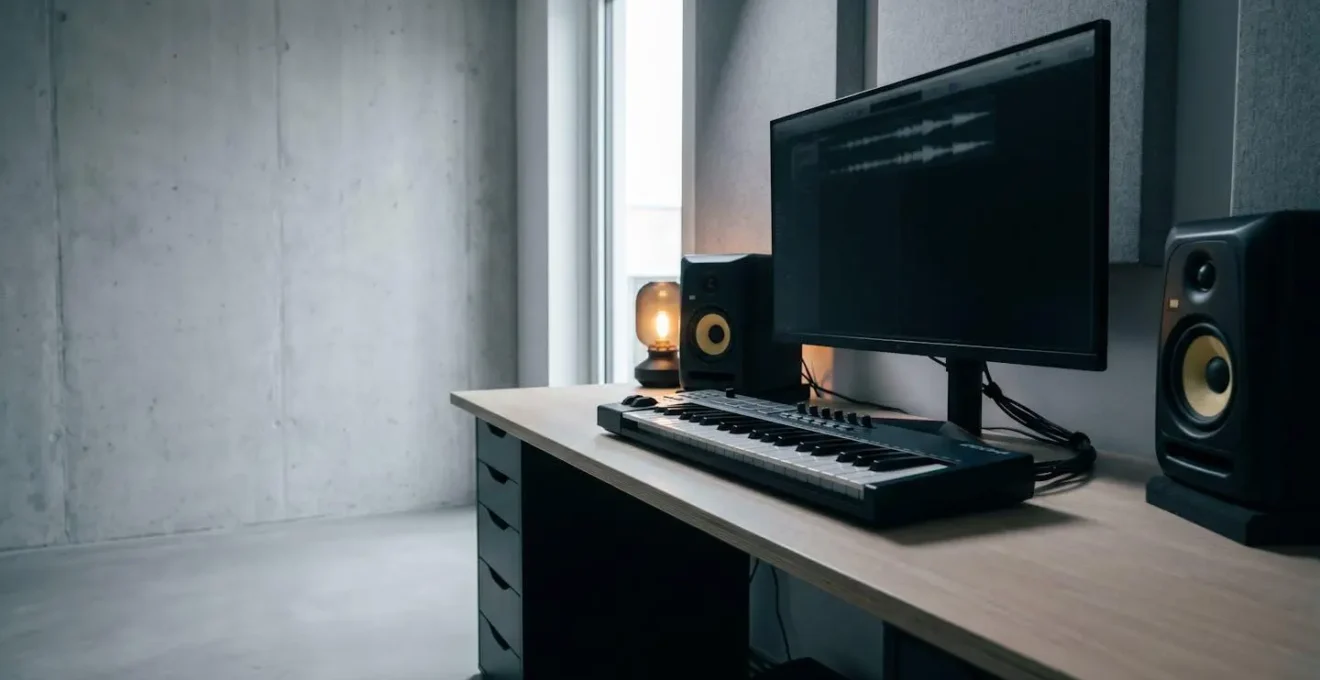 Modern digital music production workspace with professional equipment and atmospheric lighting