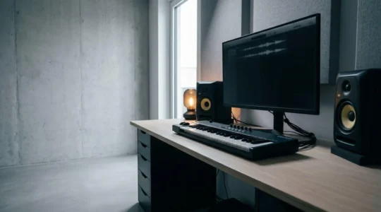 Modern digital music production workspace with professional equipment and atmospheric lighting