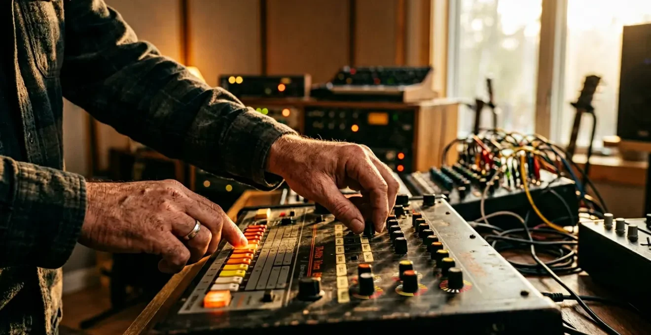 Professional music producer working with vintage drum machine in modern studio setup