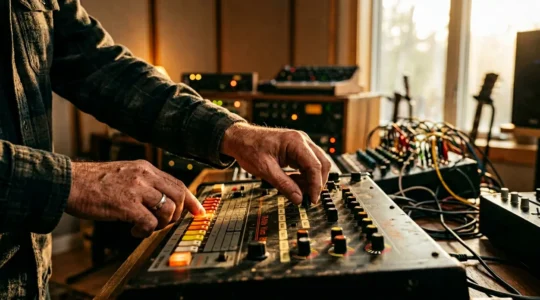 Professional music producer working with vintage drum machine in modern studio setup