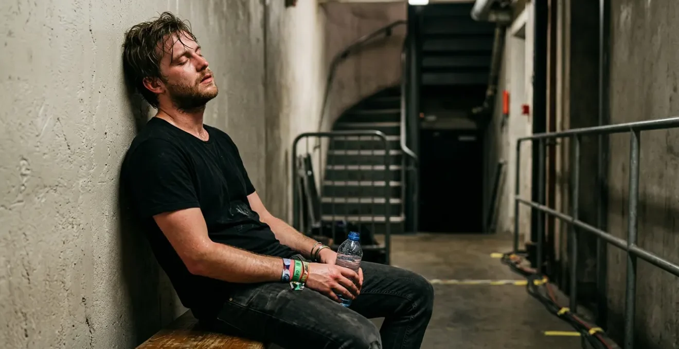 Exhausted musician sitting backstage after performance showing physical and mental toll of touring