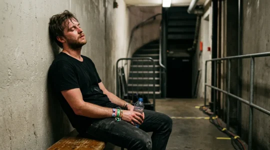 Exhausted musician sitting backstage after performance showing physical and mental toll of touring