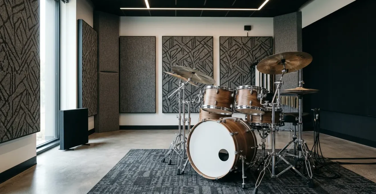 Professional drum kit setup in acoustically treated studio space with varying room reflections