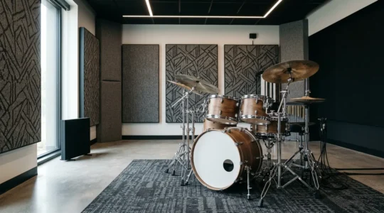 Professional drum kit setup in acoustically treated studio space with varying room reflections