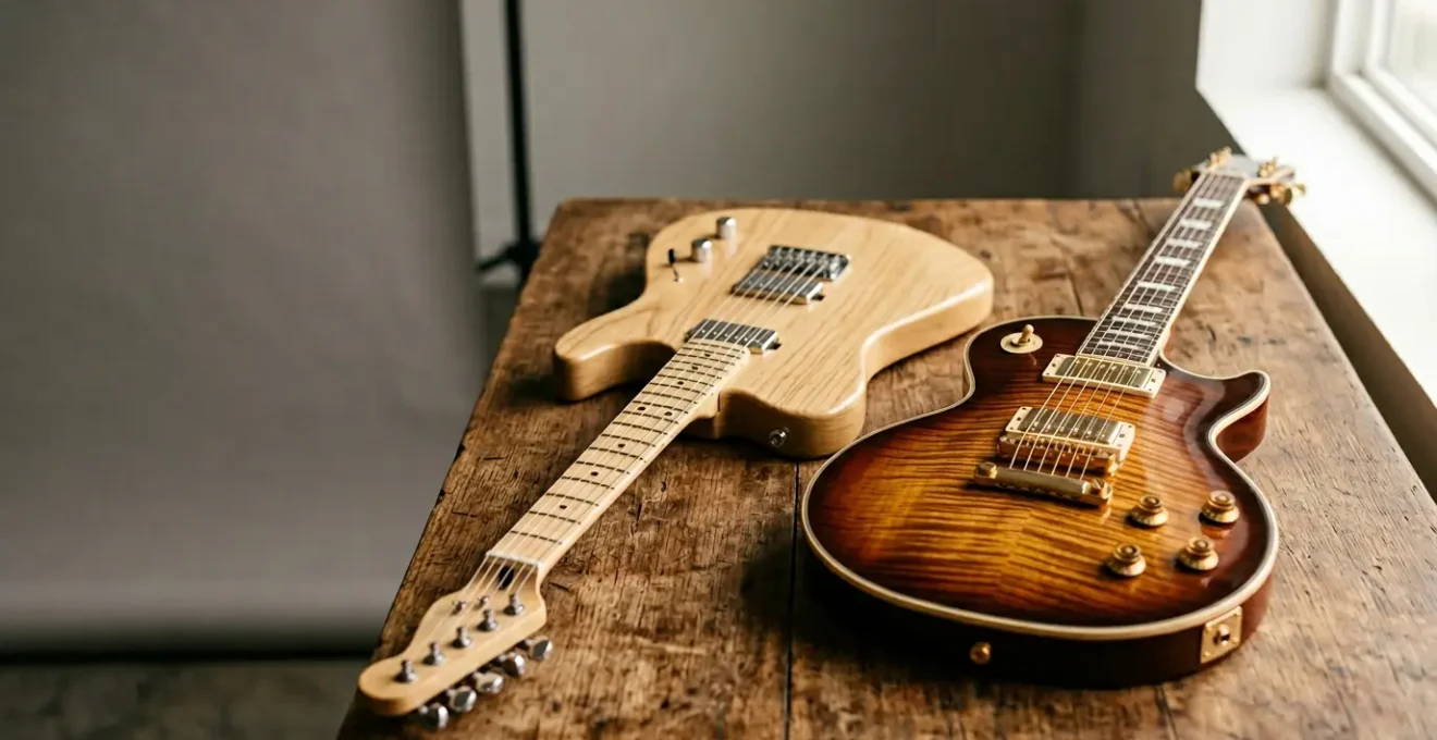 Professional comparison showing two electric guitars side by side emphasizing tone quality over price