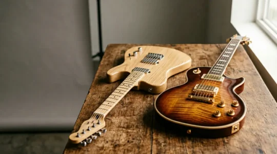 Professional comparison showing two electric guitars side by side emphasizing tone quality over price