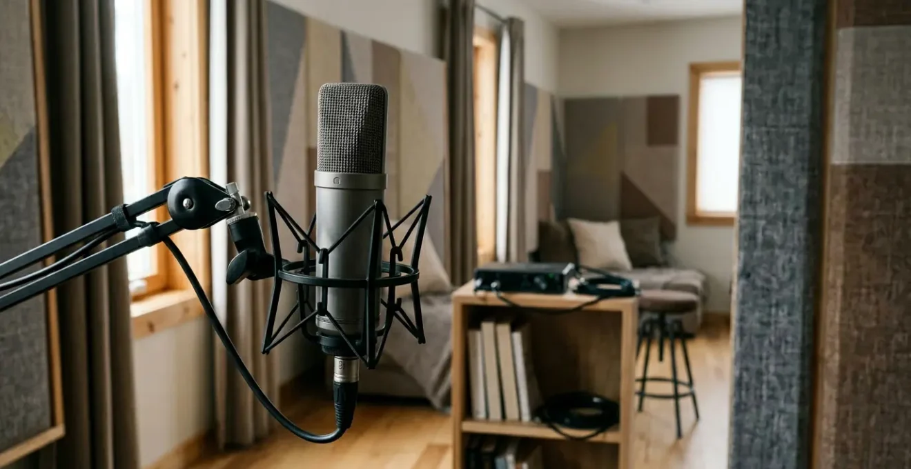 Professional recording microphone in minimalist home studio environment with soft natural lighting and acoustic treatment elements