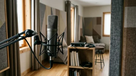 Professional recording microphone in minimalist home studio environment with soft natural lighting and acoustic treatment elements