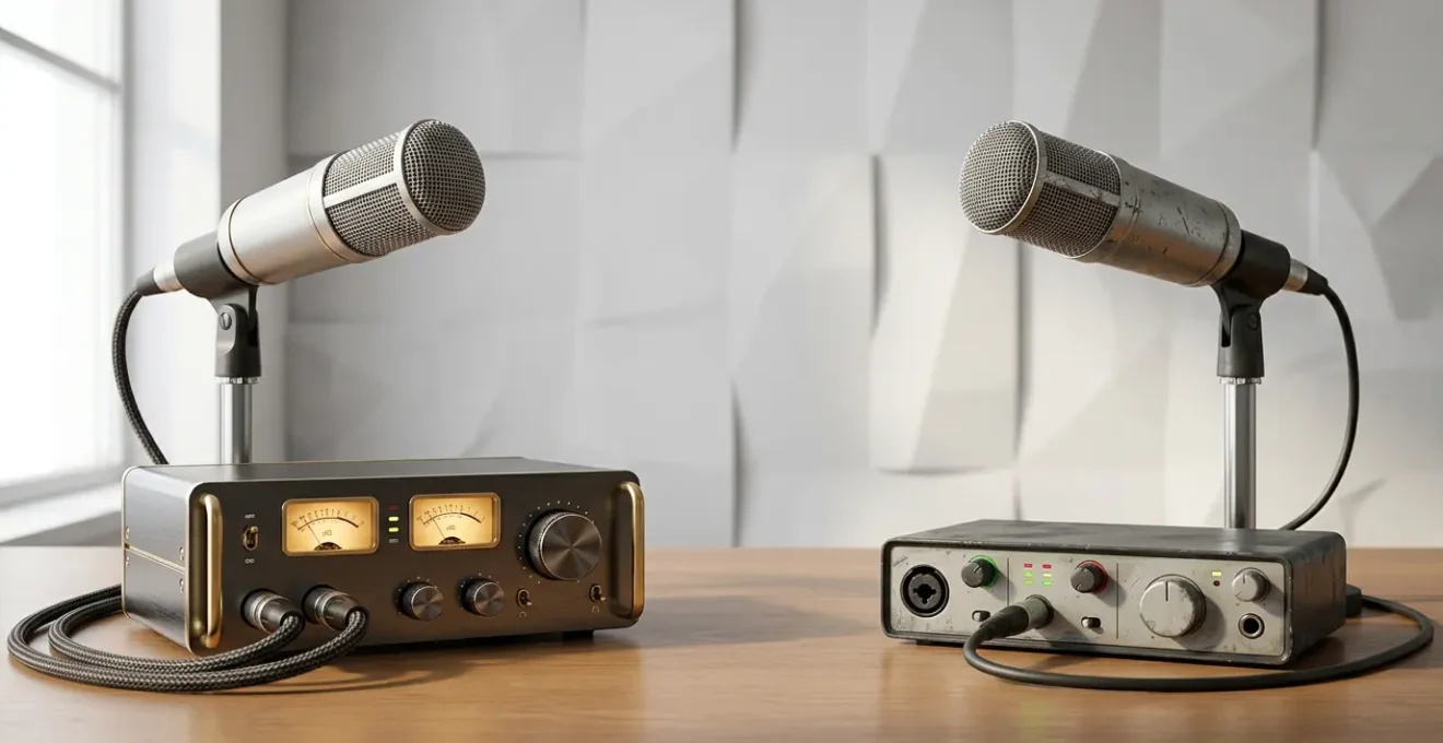 Professional home recording studio with contrasting high-end and budget audio equipment