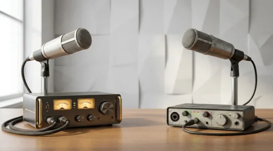 Professional home recording studio with contrasting high-end and budget audio equipment