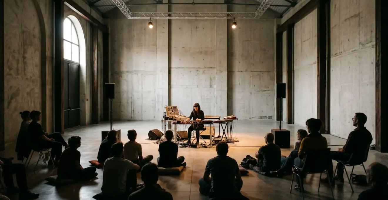 Abstract experimental musical performance in intimate gallery space with focused audience attention