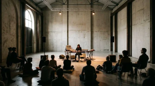 Abstract experimental musical performance in intimate gallery space with focused audience attention