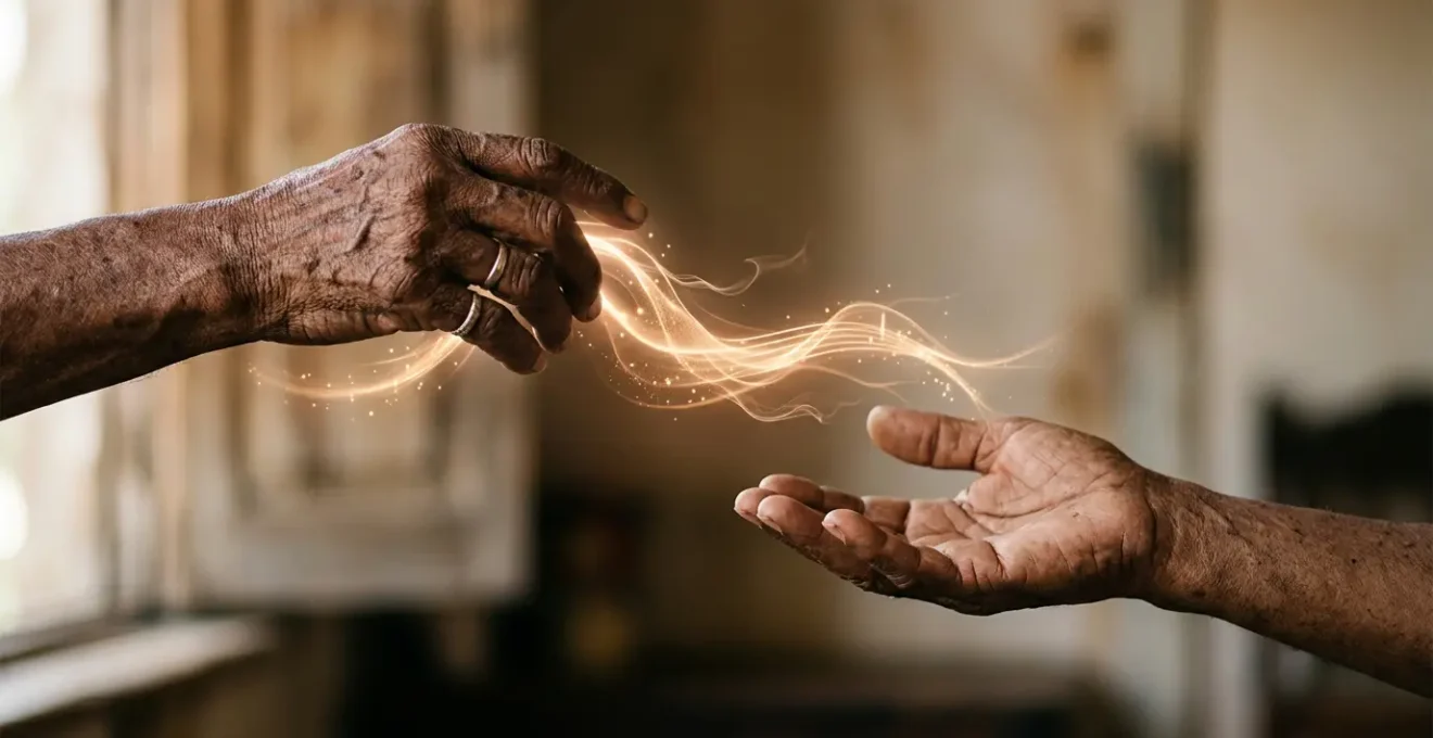 Two hands passing a glowing musical note in mid-air, symbolizing oral tradition transmission