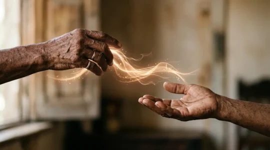 Two hands passing a glowing musical note in mid-air, symbolizing oral tradition transmission