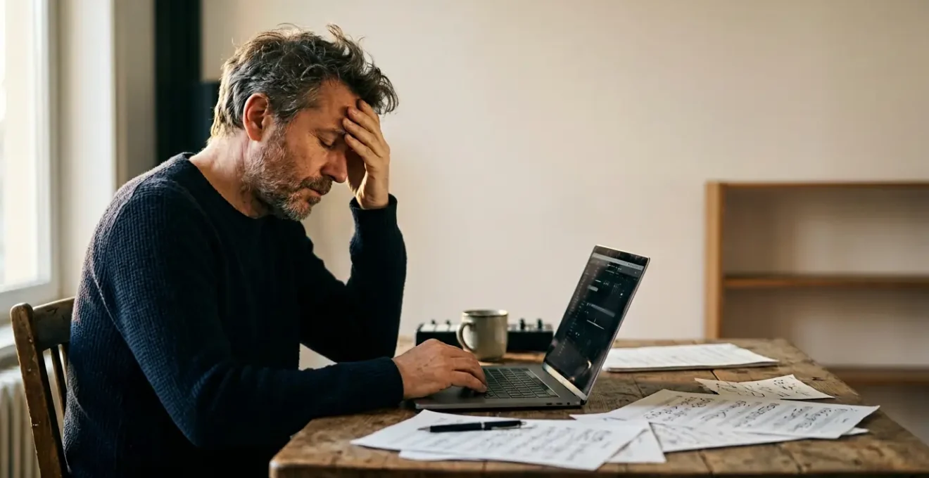 Digital sheet music composer facing empty marketplace dashboard with frustrated expression