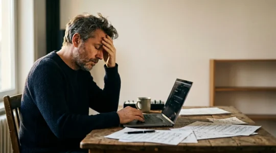 Digital sheet music composer facing empty marketplace dashboard with frustrated expression