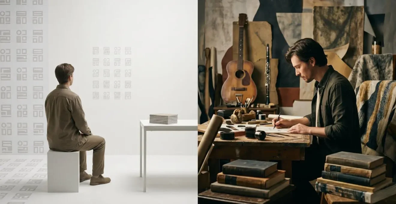 A conceptual split composition showing the stark contrast between anonymous uniformity and memorable distinction in music photography