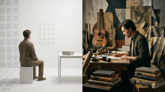 A conceptual split composition showing the stark contrast between anonymous uniformity and memorable distinction in music photography