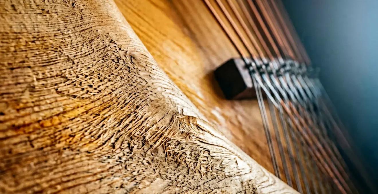 Close-up of grand piano soundboard showing wood grain texture with subtle environmental lighting changes