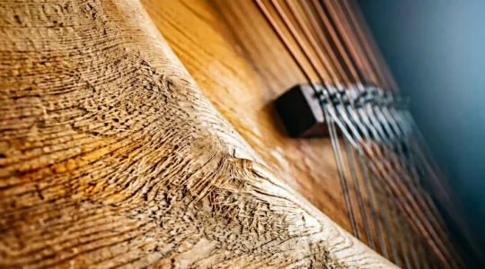 Close-up of grand piano soundboard showing wood grain texture with subtle environmental lighting changes