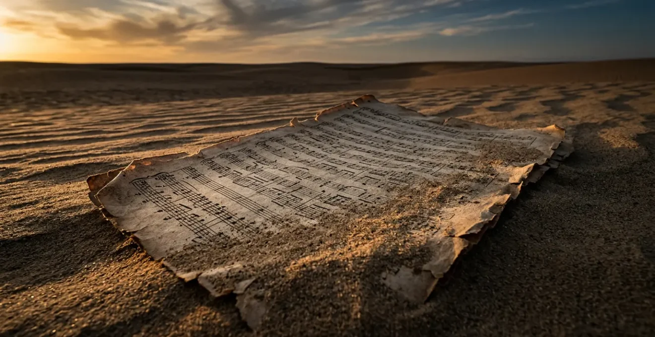 Abstract concept of musical immortality and forgotten masterpieces represented through symbolic composition