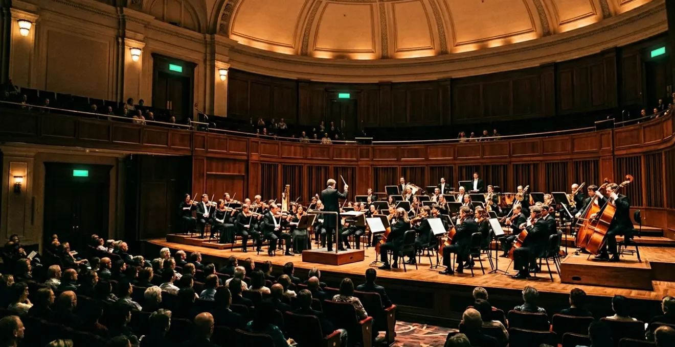 Intimate view of a symphony orchestra performing in a concert hall with warm atmospheric lighting and audience silhouettes