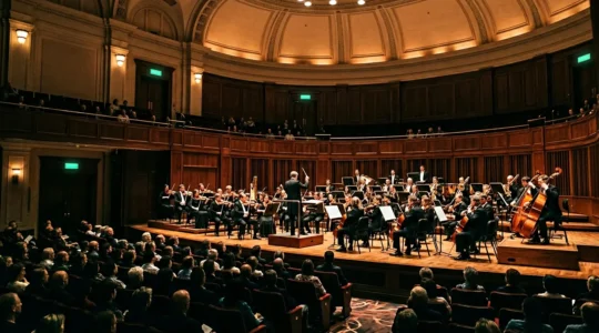 Intimate view of a symphony orchestra performing in a concert hall with warm atmospheric lighting and audience silhouettes