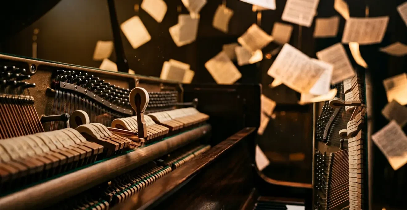 Professional music theory conceptual photograph showing harmonic progression and emotional complexity in major key composition