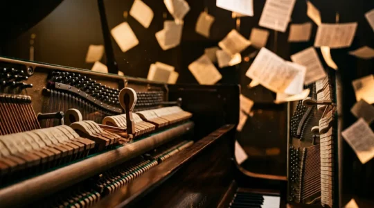Professional music theory conceptual photograph showing harmonic progression and emotional complexity in major key composition