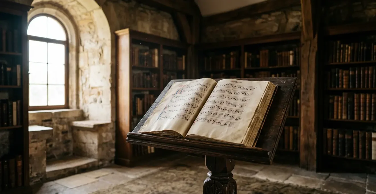 Medieval manuscript with square notation and neumes showing historical music notation for early music performance