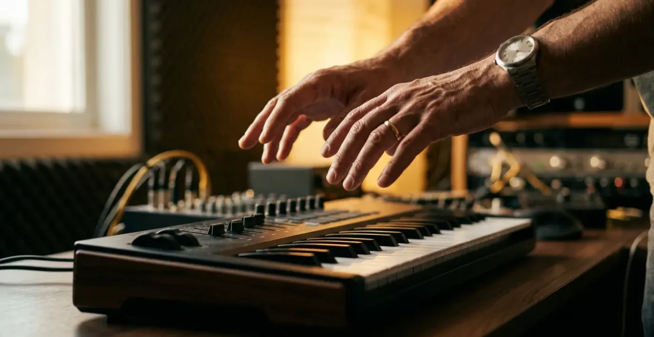A music producer's hands hovering above a MIDI controller in a dimly lit studio, expressing creative disconnection