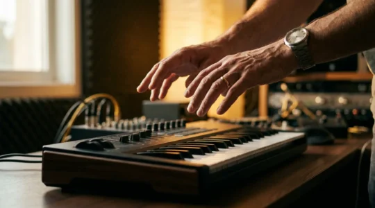A music producer's hands hovering above a MIDI controller in a dimly lit studio, expressing creative disconnection