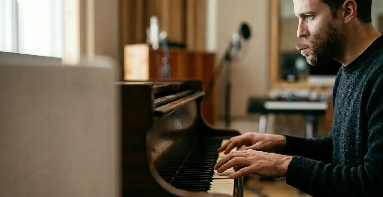 A contemplative musician composing at piano in moody natural light with sheet music