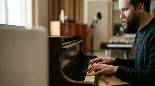 A contemplative musician composing at piano in moody natural light with sheet music