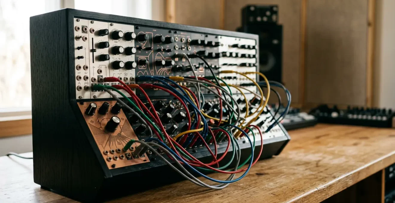 Modular synthesizer patching cables creating sonic pathways in studio environment