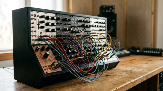 Modular synthesizer patching cables creating sonic pathways in studio environment