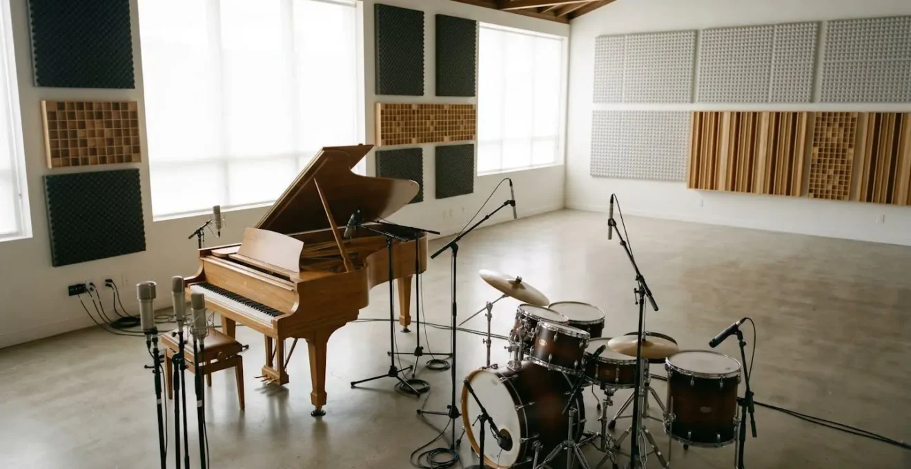 Professional recording studio scene showing microphone array capturing acoustic instruments with natural lighting