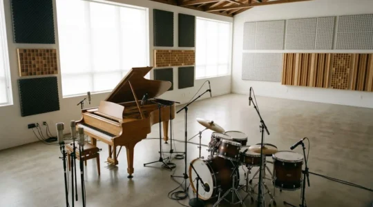 Professional recording studio scene showing microphone array capturing acoustic instruments with natural lighting